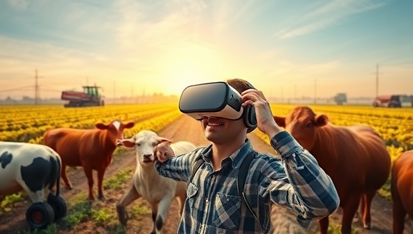 An immersive virtual reality scene showing a user wearing VR goggles exploring a digital farm environment, surrounded by realistic farm animals, crops, and farm equipment, creating a captivating and educational experience of modern agriculture.
