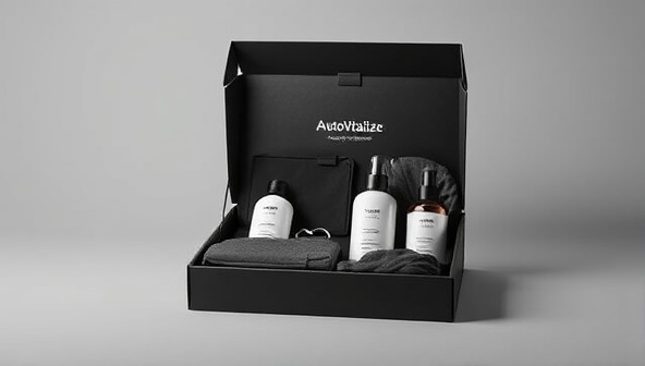 A sleek and elegant package design concept for AutoVitalize, featuring a luxurious car care kit with premium detailing products, microfiber cloths, and accessories neatly arranged in a sophisticated box, exuding sophistication and quality.