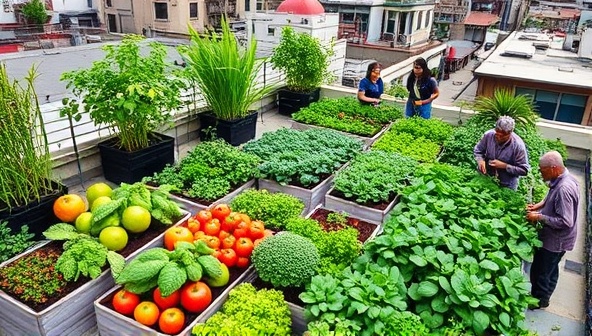 A vibrant rooftop garden scene with lush greenery, colorful vegetables, and community members working together to tend the crops, showcasing the beauty and productivity of urban agriculture in a collaborative setting.