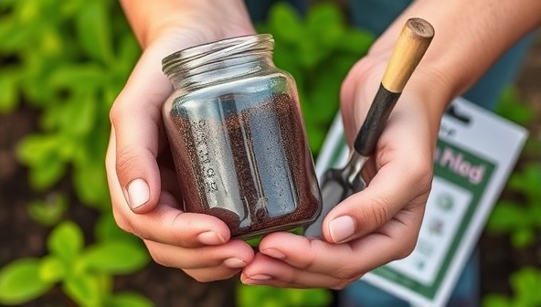 A close-up image of a person's hands holding a jar of soil, a small shovel, and a soil testing kit, with green plants in the background, illustrating the process of collecting soil samples for analysis.