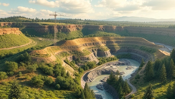 An artistic depiction of a transformed mine site post-reclamation, with lush vegetation, restored ecosystems, and wildlife habitats thriving in the reclaimed area, illustrating the environmentally friendly and sustainable reclamation solutions provided by GreenReclaim Solutions in the mining industry.