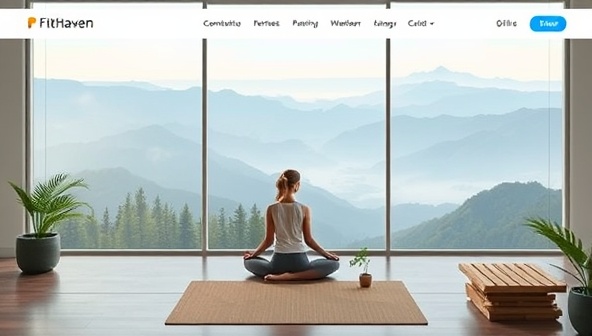A serene virtual retreat setting featuring a tranquil meditation space, a yoga studio with panoramic views, and a virtual hiking trail, evoking a sense of calm and rejuvenation, inviting participants to immerse themselves in the FitHaven experience.