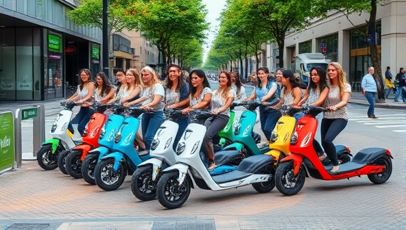 An urban street scene with a row of colorful electric scooters parked neatly in a designated rental area, with a diverse group of people happily riding them, showcasing convenience and eco-friendliness.