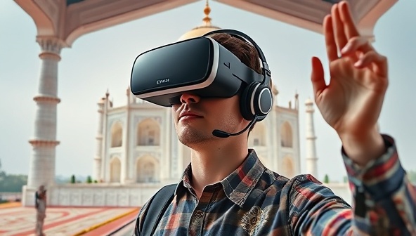 An immersive VR environment showcasing a user wearing a VR headset, exploring a digital replica of the Taj Mahal, surrounded by intricate details, vibrant colors, and interactive elements that transport the user to a virtual world of travel and discovery, capturing the essence of virtual exploration and cultural immersion.