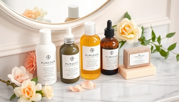An elegant and serene skincare display featuring an assortment of PureSkin Alchemy products, including a botanical facial serum, a nourishing body oil, and a handcrafted soap bar, arranged on a marble vanity table with fresh flowers and greenery, evoking a sense of natural beauty and luxury in skincare rituals.