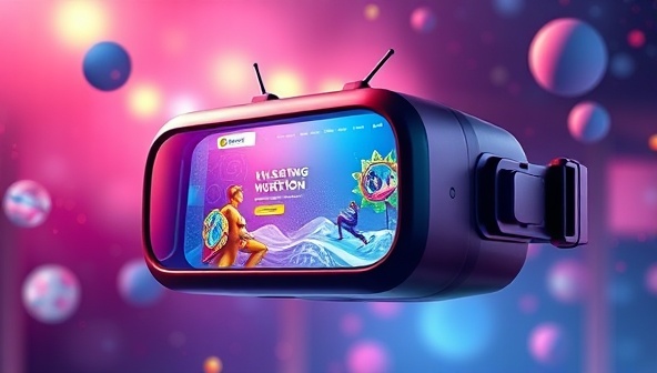 A virtual reality headset displaying a vibrant and interactive website environment, with floating elements and dynamic animations, creating a futuristic and engaging user experience.