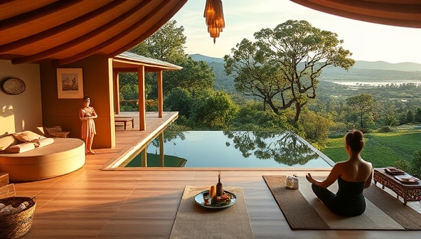 An idyllic wellness retreat setting with a tranquil spa, yoga platform overlooking nature, healthy gourmet cuisine setup, and guests engaging in mindfulness activities, reflecting serenity, luxury, and holistic well-being in a picturesque estate environment.
