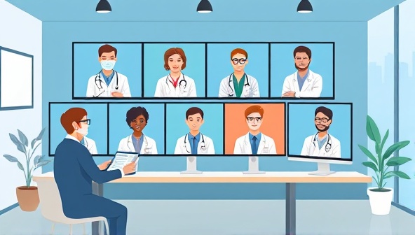 A digital illustration showcasing a virtual consultation room with a diverse panel of medical specialists on screens, symbolizing expertise and collaboration in providing second opinions and medical insights through the online platform.