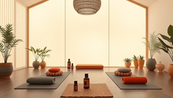 An inviting virtual retreat space with a calming backdrop, yoga mats, essential oils, and digital screens displaying live wellness sessions, creating a serene and immersive online retreat environment that fosters relaxation and connection.