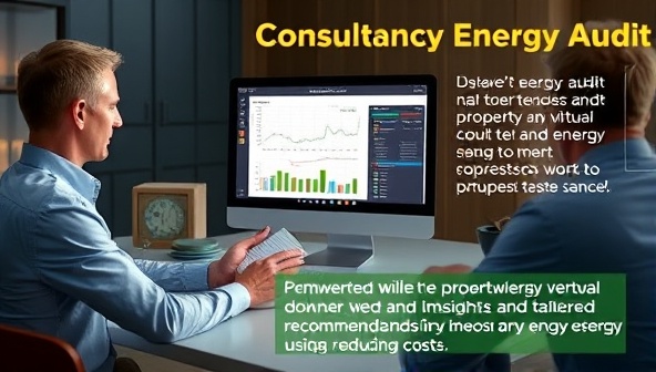 An interactive graphic showing a virtual energy audit session with a consultant reviewing energy data on a computer screen, while the property owner follows along, empowered by actionable insights and tailored recommendations for optimizing energy usage and reducing costs.