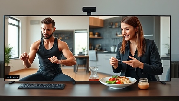 A split-screen image showing a virtual personal training session on one side with a trainer guiding a client through exercises, and a nutrition coach on the other side discussing meal planning, creating a comprehensive and immersive coaching experience.