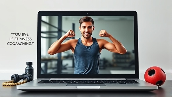 An energetic fitness coach leading a virtual workout session on a laptop screen, surrounded by motivational quotes and exercise equipment, conveying the dynamic and interactive nature of the virtual fitness coaching platform.