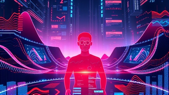 A futuristic digital landscape with a virtual influencer at the center, surrounded by glowing data streams and digital marketing metrics, symbolizing the cutting-edge approach of the agency.