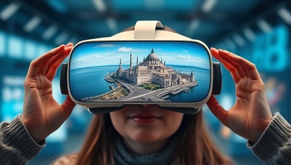 An enticing VR headset displaying a stunning virtual travel destination, with a user immersed in a lifelike digital environment, capturing the essence of futuristic and interactive travel exploration.