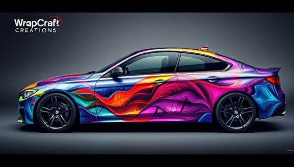 An artistic representation of a vibrant and eye-catching custom car wrap design on a sleek vehicle, showcasing the creativity and customization options available at WrapCraft Creations.
