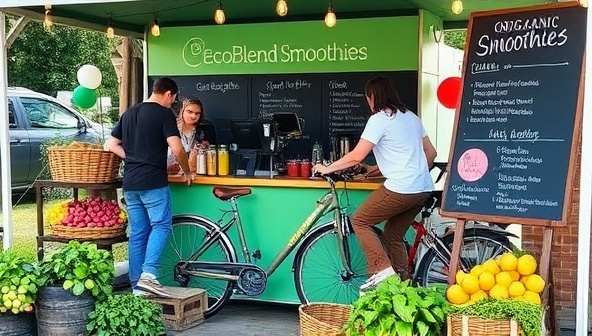 An outdoor setup featuring the EcoBlend Smoothies bike bar with customers pedaling to blend their smoothies, surrounded by baskets of fresh fruits, leafy greens, and a vibrant chalkboard menu listing organic smoothie options, exuding a lively and sustainable atmosphere.