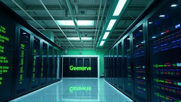 An image of a state-of-the-art data center facility powered by renewable energy sources, featuring GreenServe Data Solutions' energy-efficient infrastructure and cooling systems, symbolizing innovation, sustainability, and technological advancement in data management.