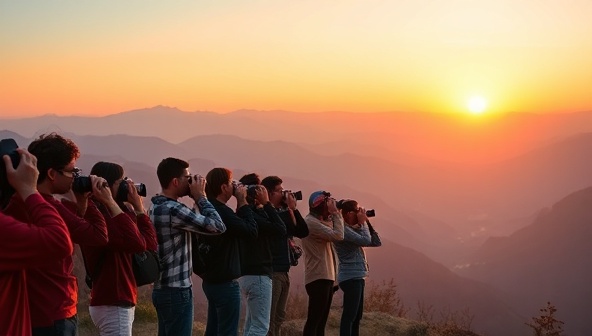 An inspiring image capturing a group of photographers at sunset, lined up with their cameras capturing a breathtaking mountain vista, showcasing the camaraderie and creativity fostered during the photography workshops.