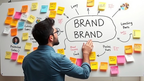 An entrepreneur brainstorming brand ideas on a virtual whiteboard, surrounded by colorful sticky notes with brand keywords and visual inspirations, symbolizing the creative and strategic process of building a brand identity.