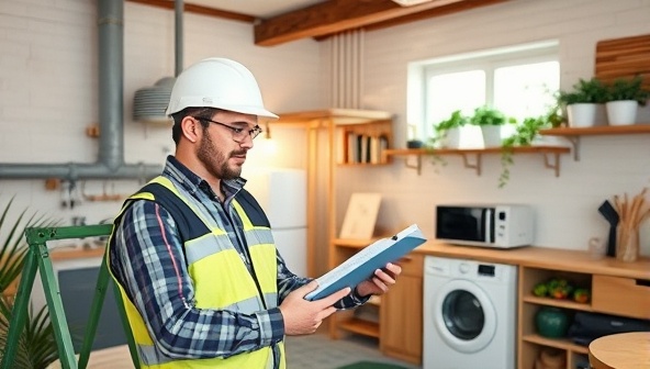 A professional auditor examining a home's energy systems, surrounded by energy-efficient appliances and sustainable living products, showcasing a modern and eco-friendly lifestyle.