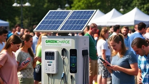 An outdoor event scene featuring a GreenCharge Station with solar panels powering multiple charging ports, surrounded by attendees happily charging their devices while enjoying the event, illustrating the blend of convenience and sustainability offered by GreenCharge Stations' eco-friendly charging solutions.