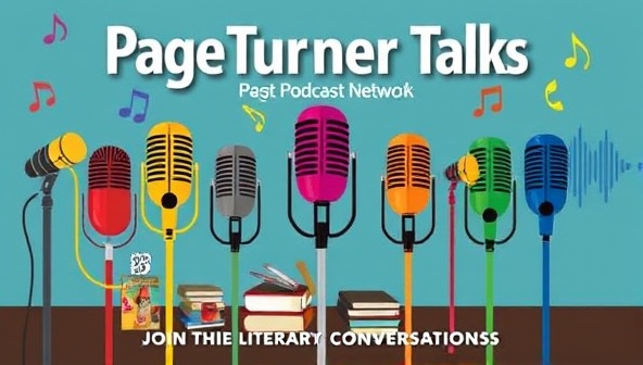 An artistic representation of PageTurner Talks as a vibrant podcast network, showcasing a collection of colorful microphones, book cover artworks, and sound waves symbolizing lively discussions and insightful book reviews, inviting listeners to join the literary conversations.