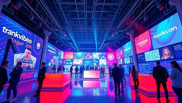 An immersive and futuristic visualization of a virtual brand activation event with interactive elements, digital displays, and engaging activities, showcasing the cutting-edge technology and creativity of BrandVibe's virtual experiences.