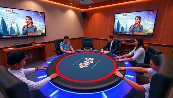 A virtual classroom setting with a digital poker table, instructional videos playing on screens, and animated avatars of students engaging in hands-on training, creating an immersive learning environment for aspiring poker players.