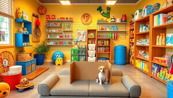 A cheerful pet play area with a variety of toys, treats, and grooming products from a Paws & Play Pet Box, a happy dog playing with a new squeaky toy, and a content cat lounging on a cozy pet bed, capturing the joy and delight of pampering pets with locally sourced goodies.
