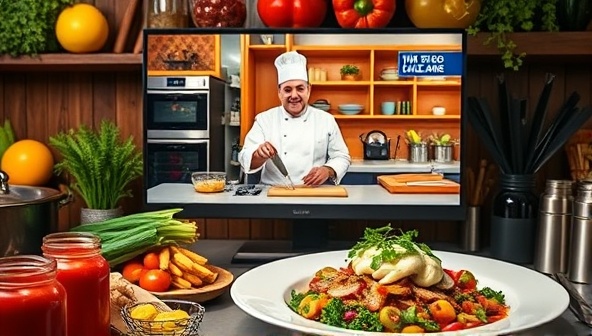 An engaging image of a virtual cooking class in progress, showing a chef demonstrating a cooking technique on screen, surrounded by colorful ingredients, cooking utensils, and a beautifully plated dish, inspiring viewers to join the culinary experience.