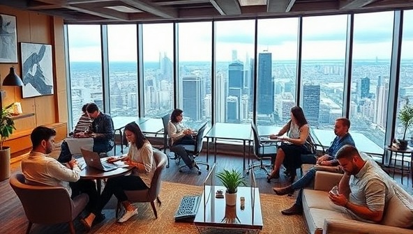 A vibrant image featuring a diverse group of professionals working in a stylish co-working space with modern amenities, comfortable seating, and panoramic views of a bustling city skyline, capturing the dynamic and collaborative atmosphere offered by RoamingDesk Spaces for remote workers and digital nomads.