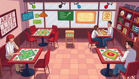 A digital illustration of a cozy virtual cafe setting with different game tables featuring various board games, animated avatars of players engaging in gameplay, and a virtual barista serving digital drinks, creating a lively and welcoming atmosphere for online board game enthusiasts.