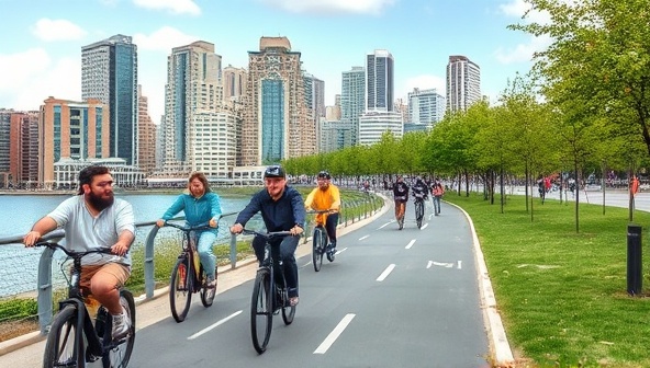 A vibrant cityscape with people riding electric bikes along a scenic bike path, showcasing a sustainable and active lifestyle in an urban environment.