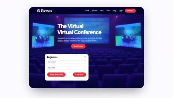 An event landing page mockup displaying a virtual conference with engaging visuals, a registration form, and interactive features, conveying the seamless and immersive experience that EventElevate designs for clients.