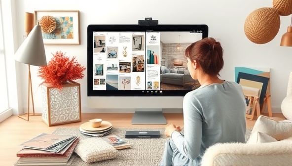 An artistic visual representation of a virtual design consultation with a designer presenting mood boards and design concepts to a client through a video call, surrounded by interior decor samples and color swatches, illustrating creativity and inspiration with DesignVision.