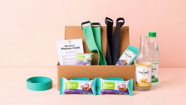 An appealing subscription box design featuring workout bands, protein bars, water bottles, and a workout guide, arranged in an aesthetically pleasing layout that conveys health and fitness lifestyle.