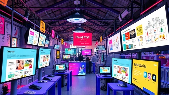 A vibrant digital marketplace where colorful web design mockups and creative sketches are displayed on multiple screens, symbolizing collaboration and creativity.