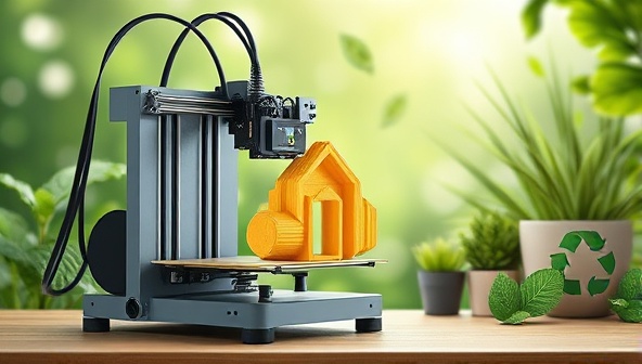 An artistic rendering of a 3D printer in action, crafting a intricate and sustainable product with a backdrop of greenery and eco-friendly symbols, symbolizing the marriage of technology and sustainability.