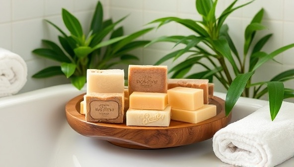 A serene bathroom setting with an assortment of handcrafted natural soap bars in various shapes, colors, and scents, arranged on a wooden soap dish surrounded by lush greenery and soft towels, creating a spa-like ambiance that embodies the purity and luxury of Sudsy Naturals skincare products.