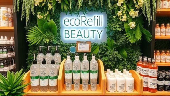 An eye-catching display of refill stations at EcoRefill Beauty filled with glass bottles, dispensers, and eco-friendly beauty products, surrounded by lush greenery and eco-conscious branding, promoting a sustainable and earth-friendly shopping experience.