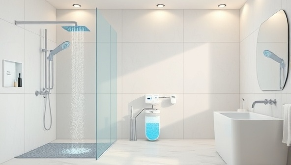An artistic visualization of a sustainable shower water recycling system integrated into a modern bathroom, featuring a sleek design, water filtration components, and a serene shower experience, illustrating the blend of luxury and sustainability in daily living.