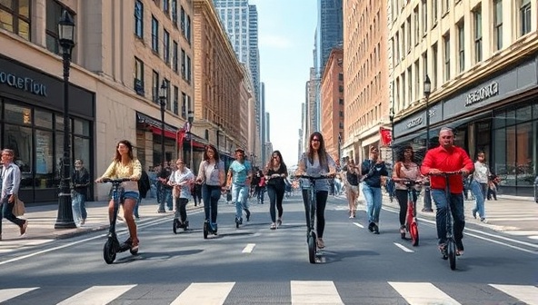 An image of a bustling city street with people effortlessly gliding on electric scooters, showcasing the convenience and fun of using ScootEase Rentals for urban mobility.