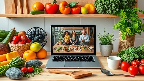 A virtual cooking studio setup featuring a colorful array of fresh produce, plant-based ingredients, cooking utensils, and a laptop displaying a live vegan cooking class, highlighting the vibrant and sustainable nature of plant-based cuisine.