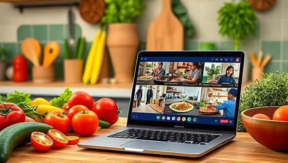 A vibrant kitchen scene with colorful ingredients, cooking utensils, and a laptop displaying a live cooking class, capturing the essence of interactive virtual culinary experiences.