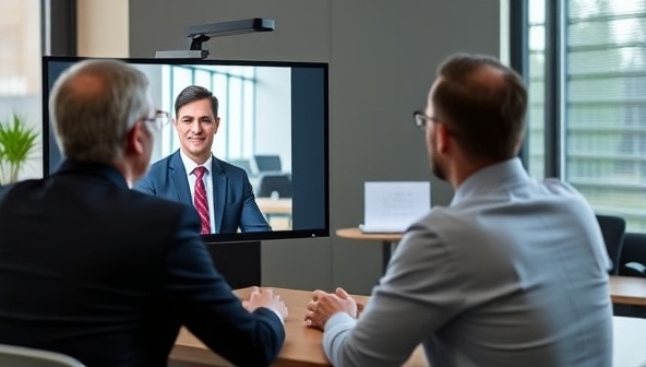 An online legal consultation setup featuring a real estate attorney providing advice and guidance to a client via virtual conferencing, emphasizing professionalism and expertise in real estate legal services at LegalEstate Solutions.