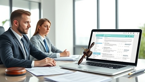 An online legal consultancy advertisement featuring professional real estate attorneys in virtual consultations, legal documents, and a laptop displaying property law resources, conveying expertise and professionalism in real estate legal services.