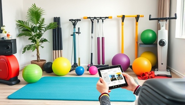 An assortment of colorful fitness equipment neatly arranged in a modern home setting, with a user browsing the rental website on a tablet, illustrating convenience and accessibility.