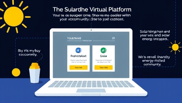 An illustrative graphic showing a virtual platform interface where users can buy and sell solar energy credits within their community, highlighting the simplicity and transparency of the solar sharing process through SolarShare Network.