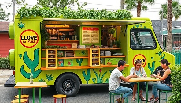 A vibrant food truck adorned with green accents and plant-themed decor, serving a colorful array of plant-based dishes like rainbow salads, avocado toast, and veggie burgers, with customers enjoying their meals at outdoor tables, creating a lively and eco-conscious dining experience.