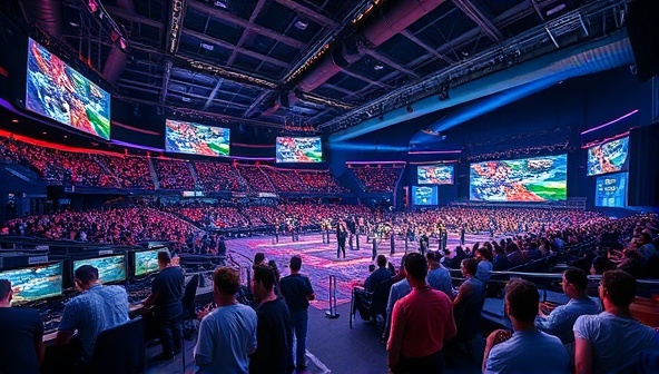 An electrifying esports arena filled with gaming setups, large screens displaying live tournaments, and enthusiastic spectators placing bets and cheering for their favorite teams, capturing the competitive and dynamic atmosphere of the SkillBet Esports Arena.